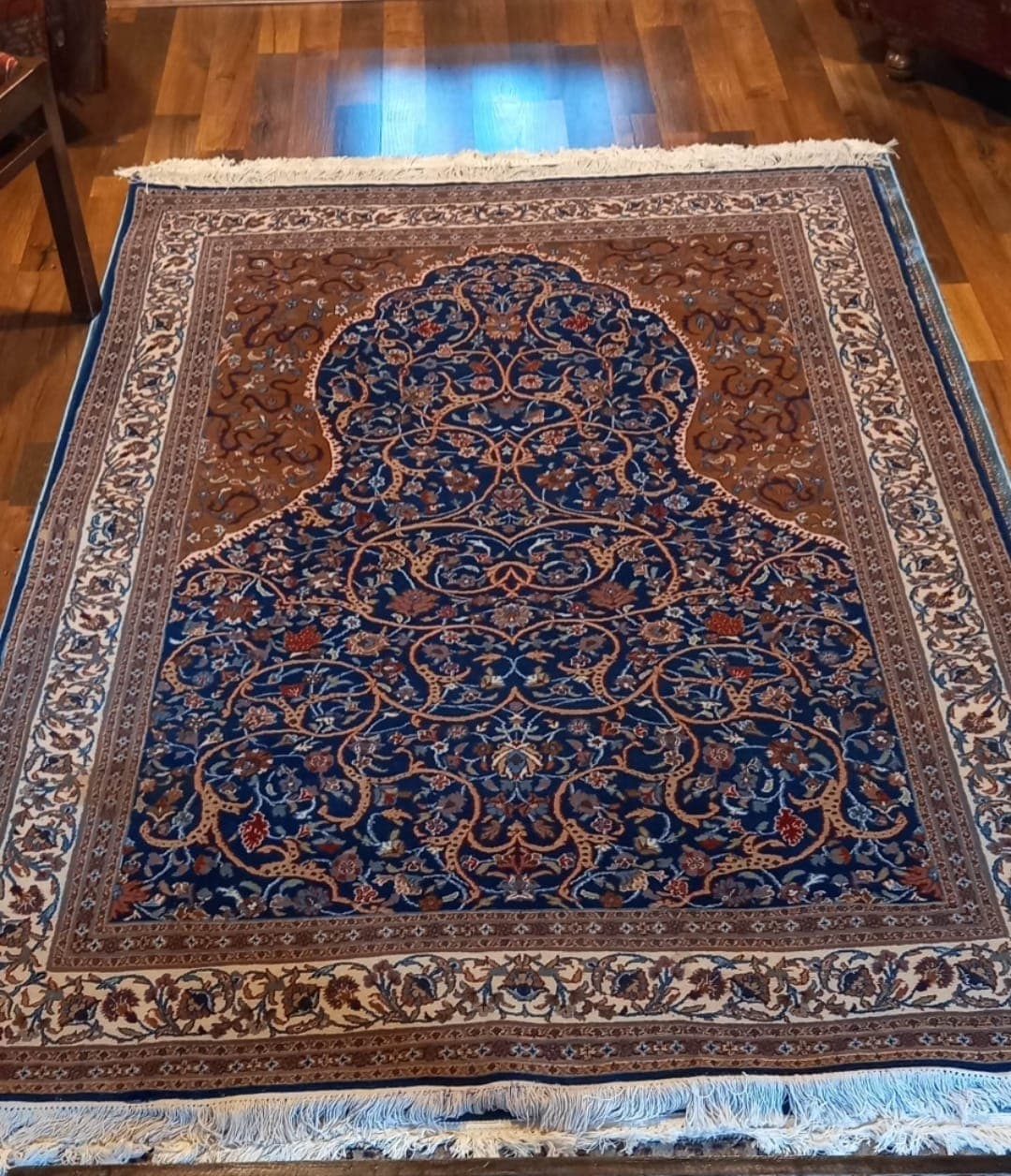 Navy prayer-design silk rug