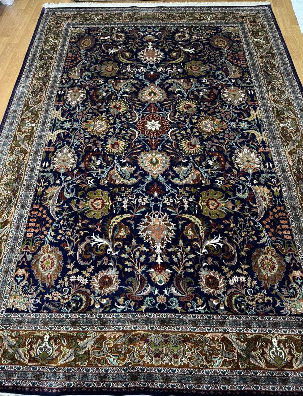 Navy allover-floral silk rug