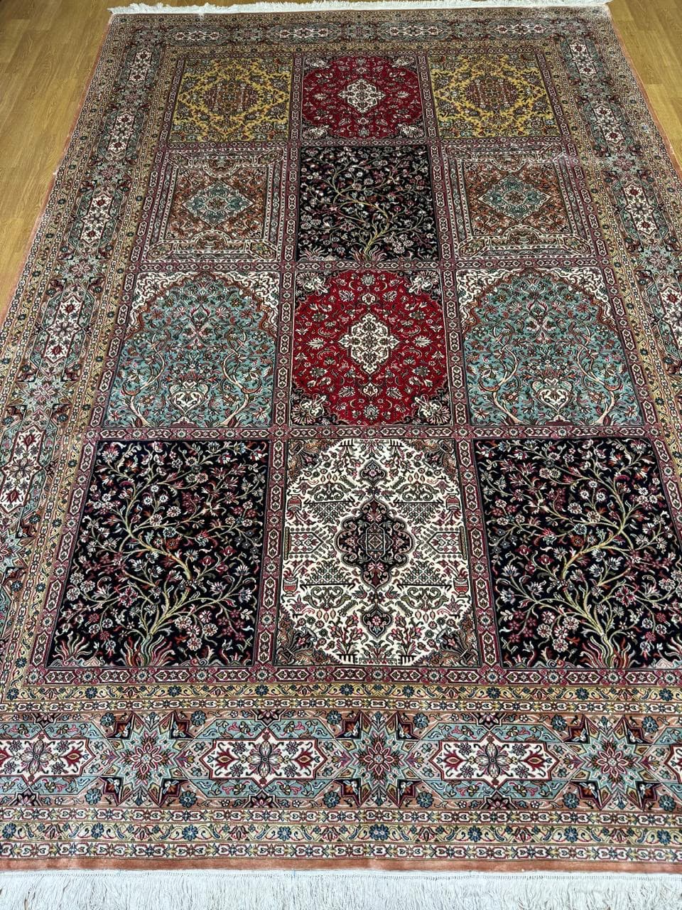 Multicolor panel silk rug