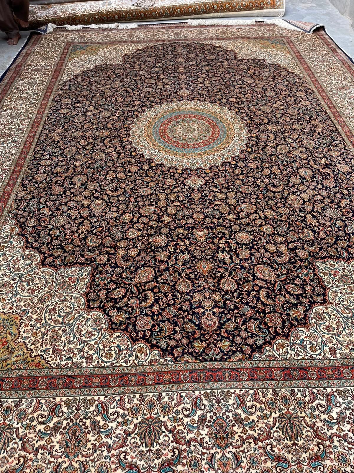 Navy rosette-medallion silk rug (repeat photo)