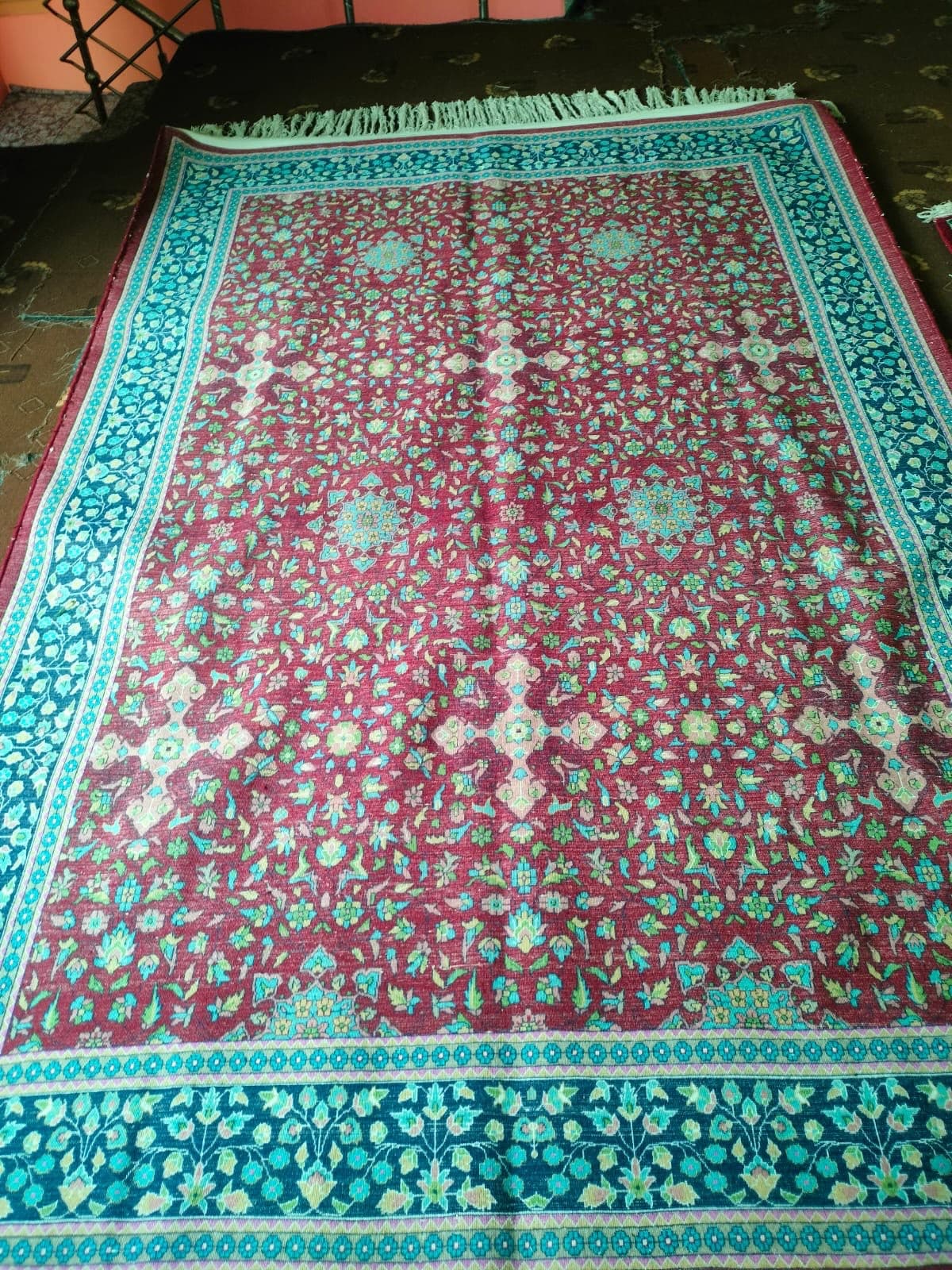 Burgundy and teal floral rug