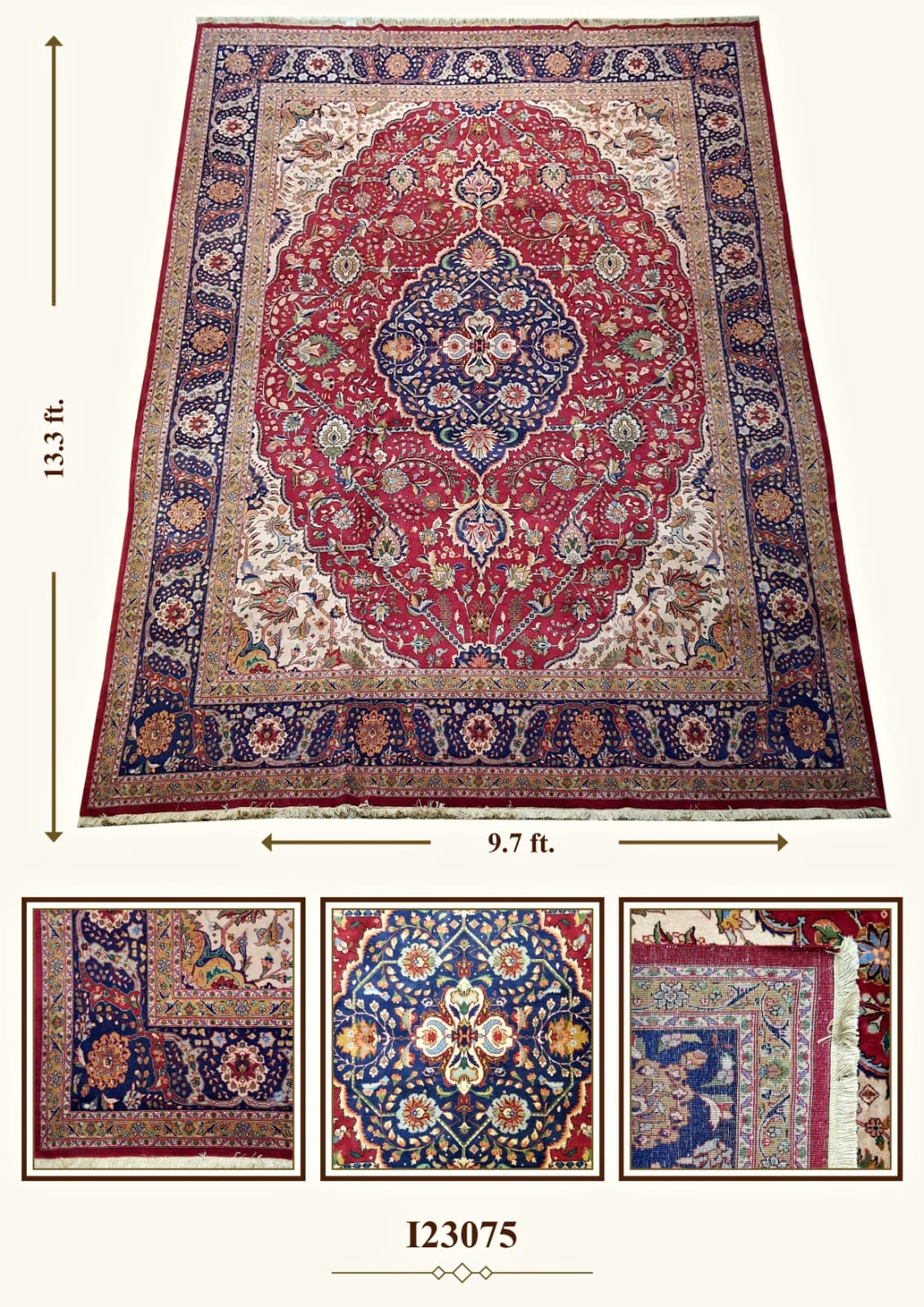 I23075 red medallion rug with navy border