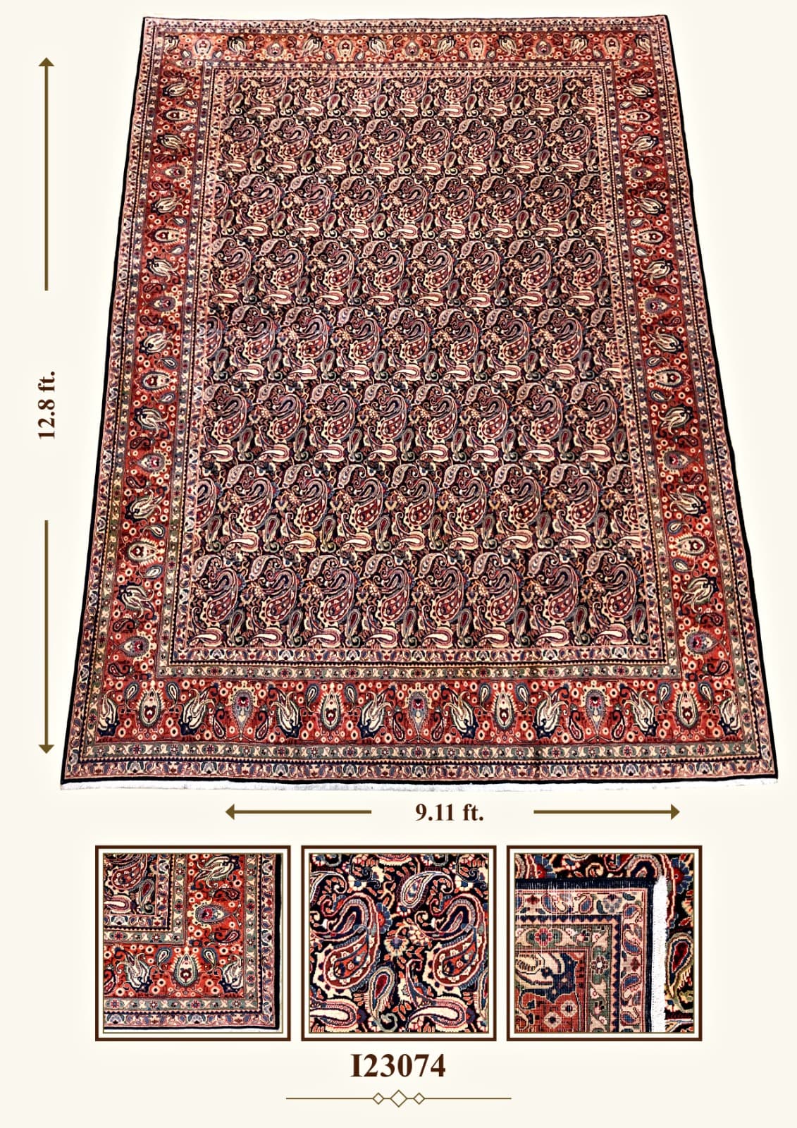 I23074 navy paisley rug with rust border