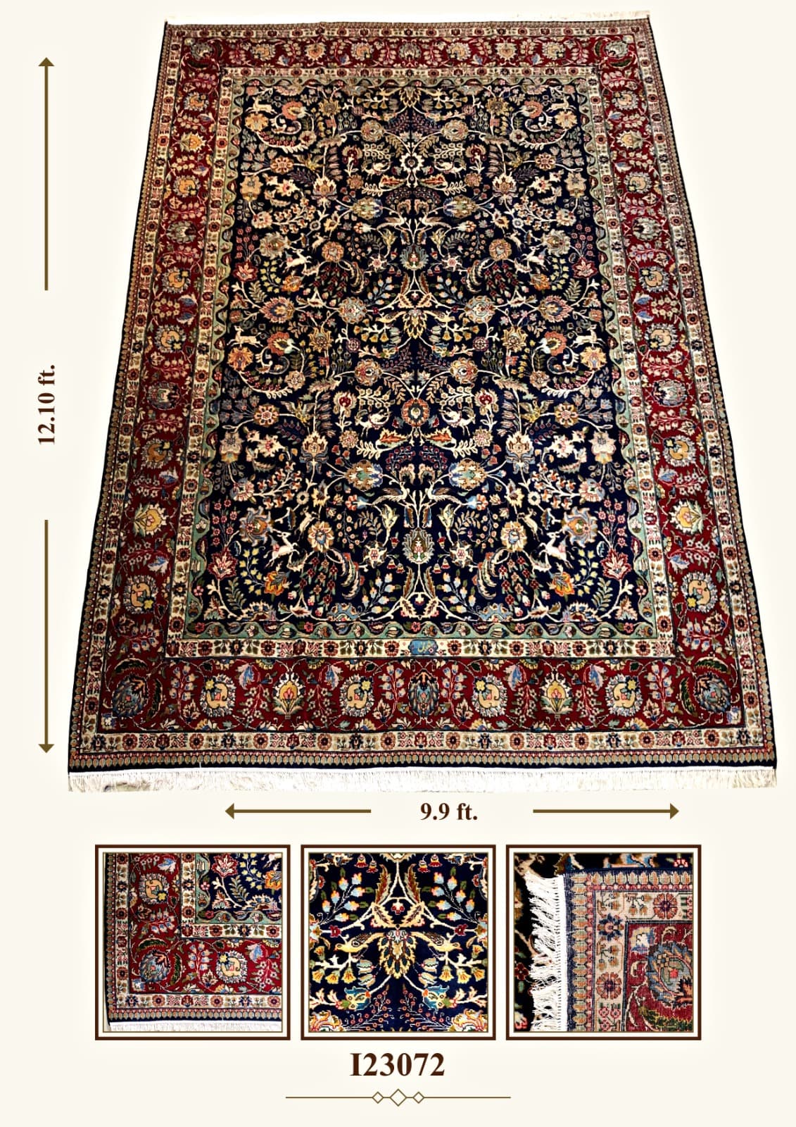 I23072 navy floral rug with red border