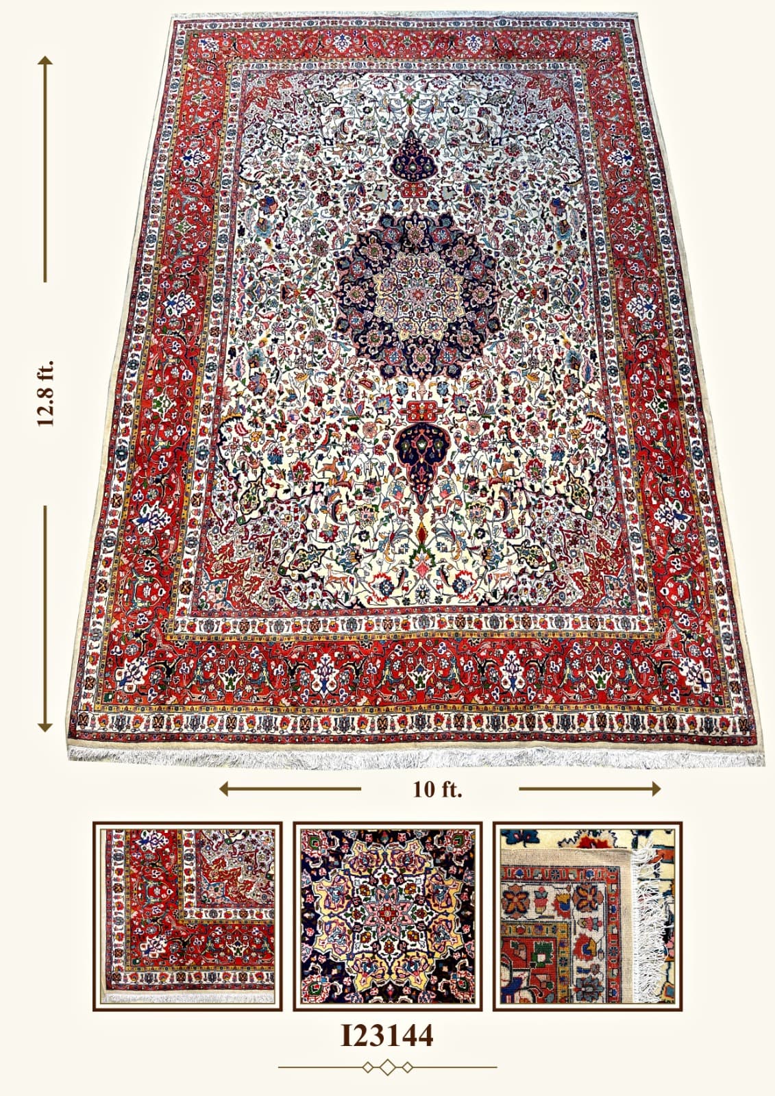 I23144 ivory medallion rug with red border