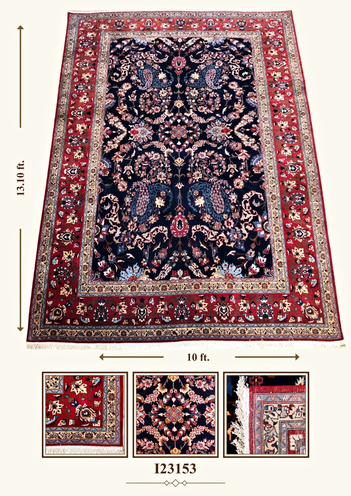 I23153 navy floral rug with red border