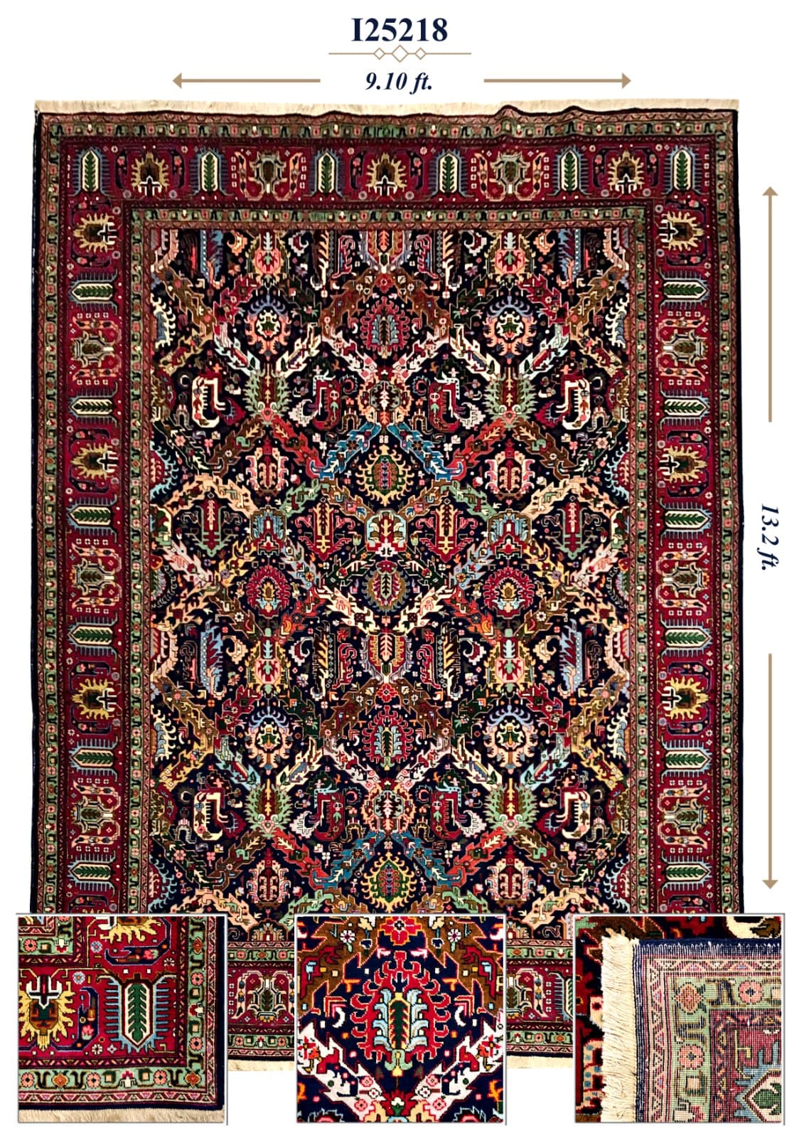 I25218 navy geometric rug with red border